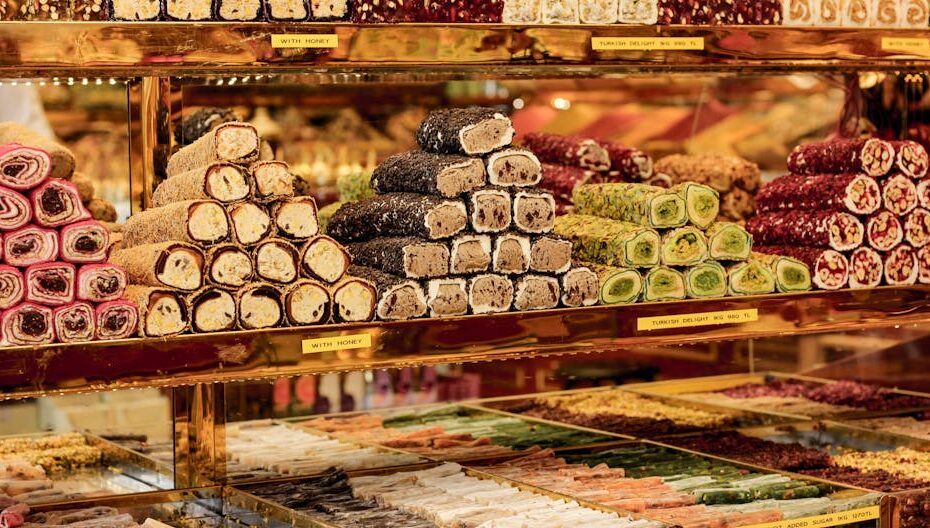Assorted Turkish delight in vibrant colors on display in a shop.
