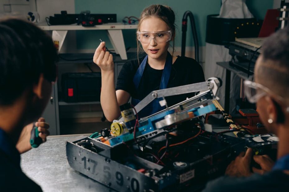 Young engineers working together on a robotics project in a workshop, focusing on innovation and teamwork.